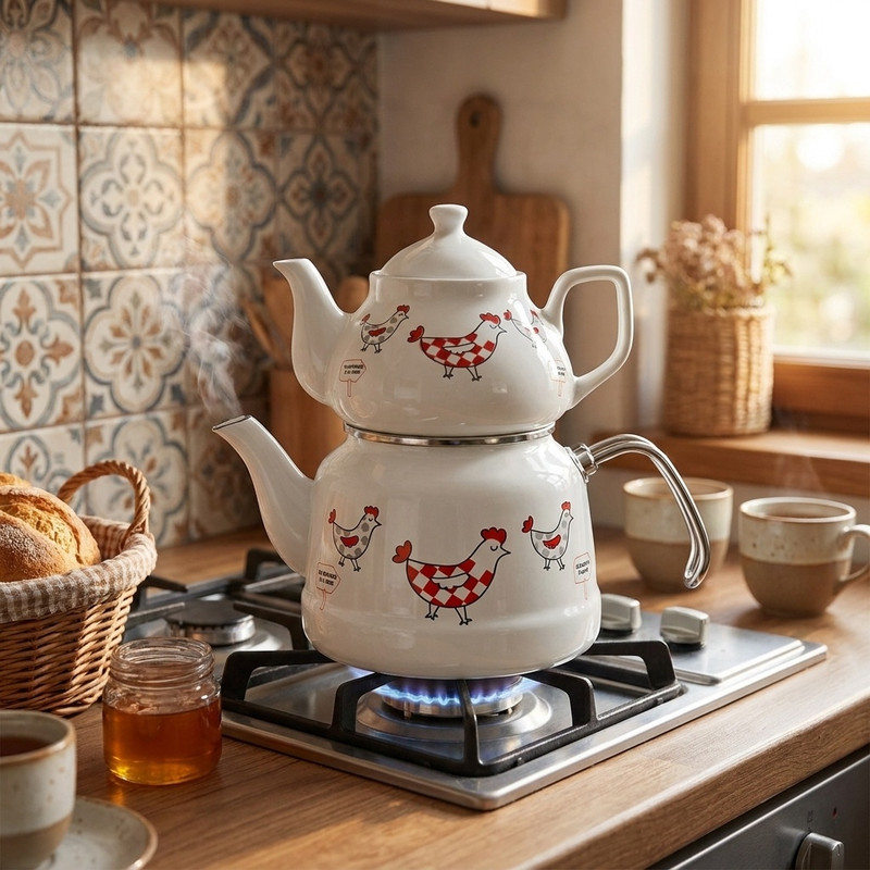 ست کتری و قوری مدل لعابی مرغ و خروس گنجایش کتری 2.5 لیتر کنجایش قوری 0.8 لیتر