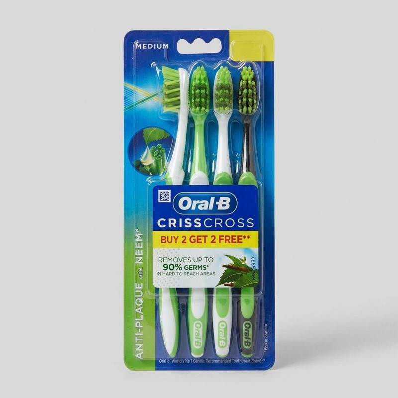 مسواک اورال-بی مدل CRISS CROSS ANTI-PLAQUE WITH NEEM با برس متوسط بسته 4 عددی