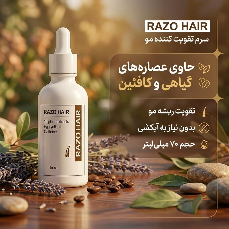 سرم تقویت کننده مو رازوهِیر مدل عصاره های گیاهی وکافئین حجم 70 میلی لیتر