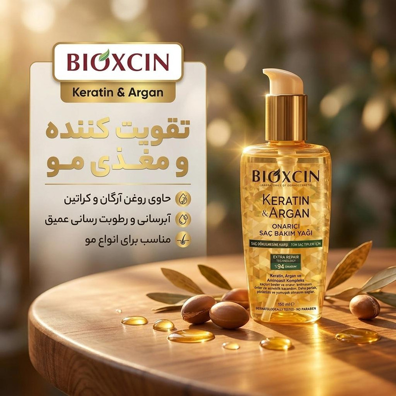 روغن آرگان تقویت کننده مو بیوکسین مدل Keratin مناسب برای انواع مو حجم 150 میلیلیتر