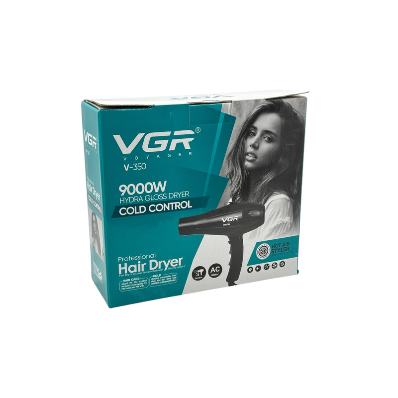 سشوار حرفهای وی جی ار مدل V-350 با توان 9000 وات، موتور AC، تنظیم دما و سرعت در دو حالت، سری صافکننده، وزن 650 گرم، همراه با متمرکزکننده باریک