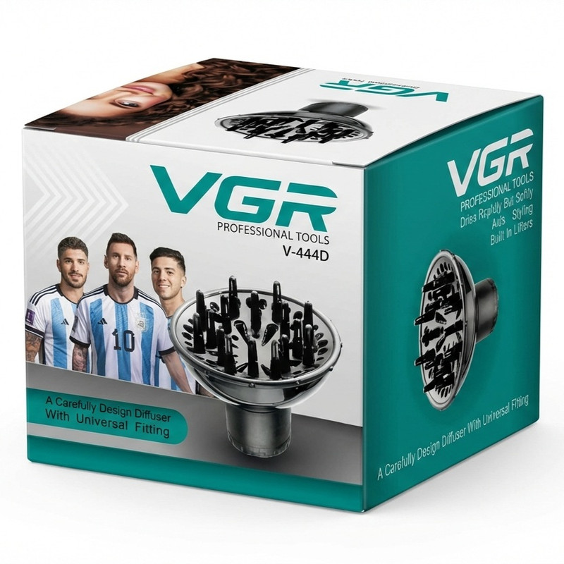 دیسپانسر سشوار وی جی ار مدل V-444D با طراحی شاخکدار، حجمدهنده، فرکننده، خشککننده قوی، پخش یکنواخت گرما، مناسب استفاده خانگی و حرفهای