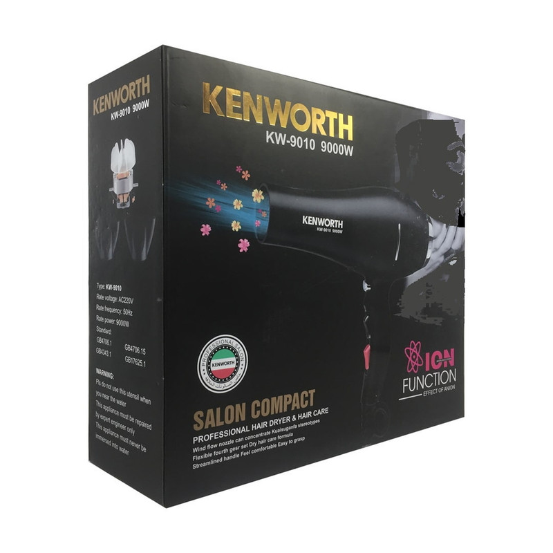 سشوار حرفهای 9000 وات کنورث مدل KW_9010، موتور AC، وزن 700 گرم، دارای سری متمرکزکننده باریک با ویژگی صافکنندگی، با قابلیت باد سرد، فناوری تولید یون