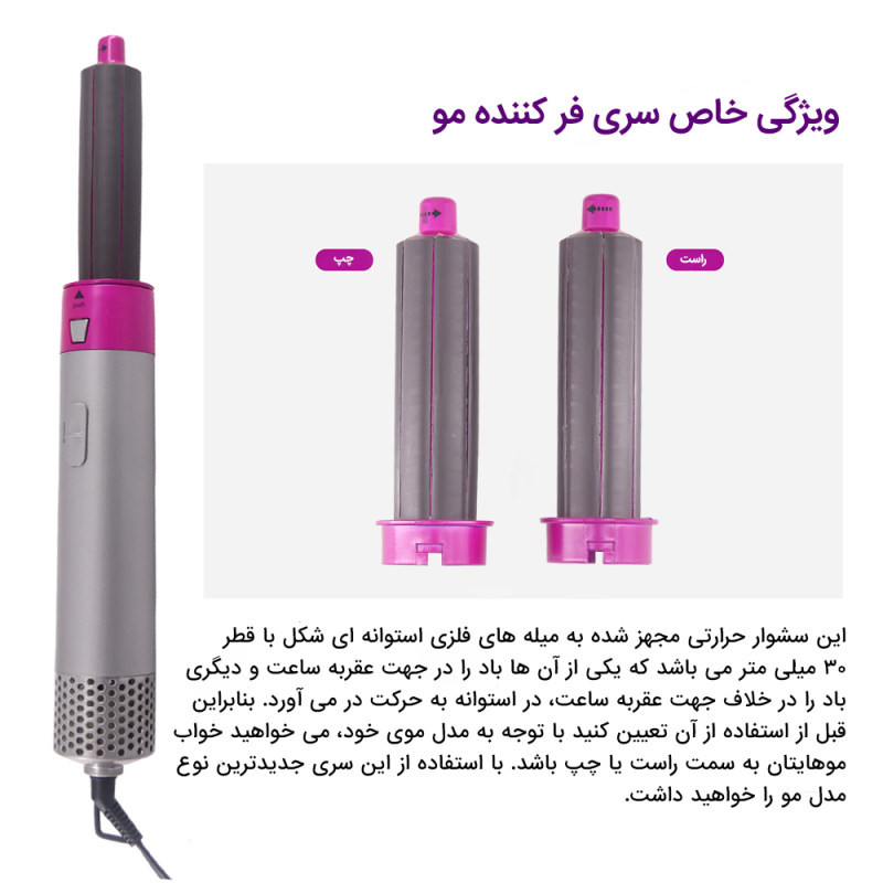سشوار برس دار حالت دهنده مدل 5 + 1 با 5 سری مختلف، موتور AC، توان 5000 وات، وزن 600 گرم، مناسب استفاده نیمه حرفهای، خانگی و آرایشگاهی