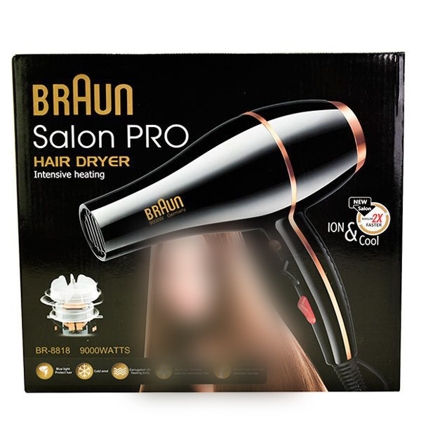 سشوار حرفهای براون مدل BR-8818 با موتور AC، توان 9000 وات، تنظیم دما در 3 حالت، تنظیم سرعت در 2 حالت، خشککنندگی قوی، قابلیت صافکردن مو، همراه با سری متمرکزکننده باریک، وزن 850 گرم، مناسب استفاده خانگی، حرفهای و آرایشگاهی