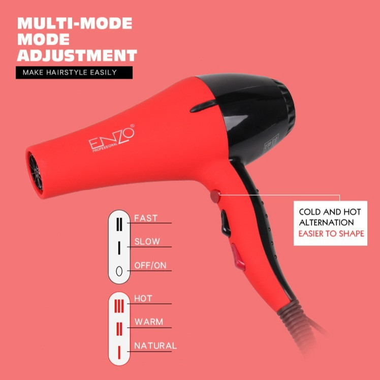 ست سشوار انزو پروفیشینال مدل EN_6306 با توان 6000 وات، موتور AC، اتو مو با صفحه سرامیکی 38 میلیمتری و نمایشگر LED، فر کننده مو با قطر 25 میلیمتر و تکنولوژی PTC، همراه با سیم چرخشی 360 درجه
