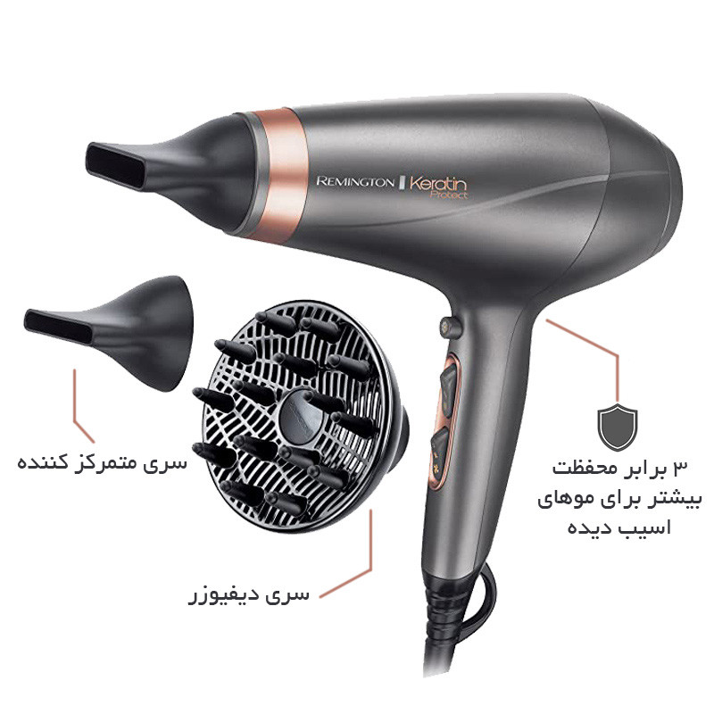 سشوار حرفهای 2200 وات رمینگتون مدل AC8820، موتور AC، وزن 840 گرم، المنت سرامیک، دارای سری دیسپانسر، متمرکزکننده باریک، متمرکزکننده پهن با ویژگی صافکنندگی، حجمدهندگی، با قابلیت فناوری تولید یون