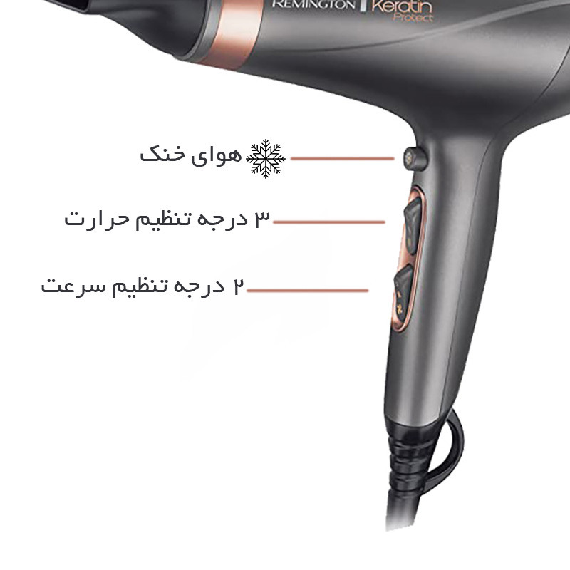 سشوار حرفهای 2200 وات رمینگتون مدل AC8820، موتور AC، وزن 840 گرم، المنت سرامیک، دارای سری دیسپانسر، متمرکزکننده باریک، متمرکزکننده پهن با ویژگی صافکنندگی، حجمدهندگی، با قابلیت فناوری تولید یون