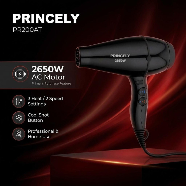 سشوار حرفهای پرنسلی مدل PR200AT با موتور AC، توان 2650 وات، تنظیم دما در 3 حالت، تنظیم سرعت در 2 حالت، باد سرد، وزن 800 گرم، همراه با سری برسدار گرد باریک و پهن برای صافکردن و حجمدهی مو
