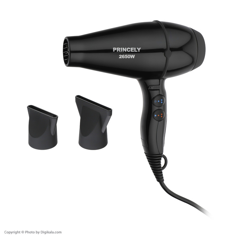 سشوار حرفهای پرنسلی مدل PR200AT با موتور AC، توان 2650 وات، تنظیم دما در 3 حالت، تنظیم سرعت در 2 حالت، باد سرد، وزن 800 گرم، همراه با سری برسدار گرد باریک و پهن برای صافکردن و حجمدهی مو