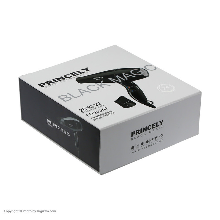 سشوار حرفهای پرنسلی مدل PR200AT با موتور AC، توان 2650 وات، تنظیم دما در 3 حالت، تنظیم سرعت در 2 حالت، باد سرد، وزن 800 گرم، همراه با سری برسدار گرد باریک و پهن برای صافکردن و حجمدهی مو