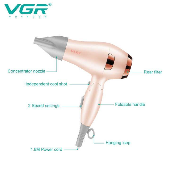 سشوار مسافرتی وی جی ار مدل V-432 با توان 1000 وات، موتور DC، دو سرعت، قابلیت باد سرد، دسته تاشو، محافظت در برابر گرمایش بیش از حد و طول کابل 1.8 متر
