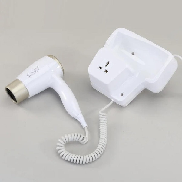 سشوار دیواری کلاهی انزو پروفیشینال مدل EN-6622 با توان 1500 وات، موتور DC، تنظیم دما و سرعت در 2 حالت، قابلیت صافکردن و حجمدهی مو، مناسب استفاده هتلی، همراه با استند نگهدارنده