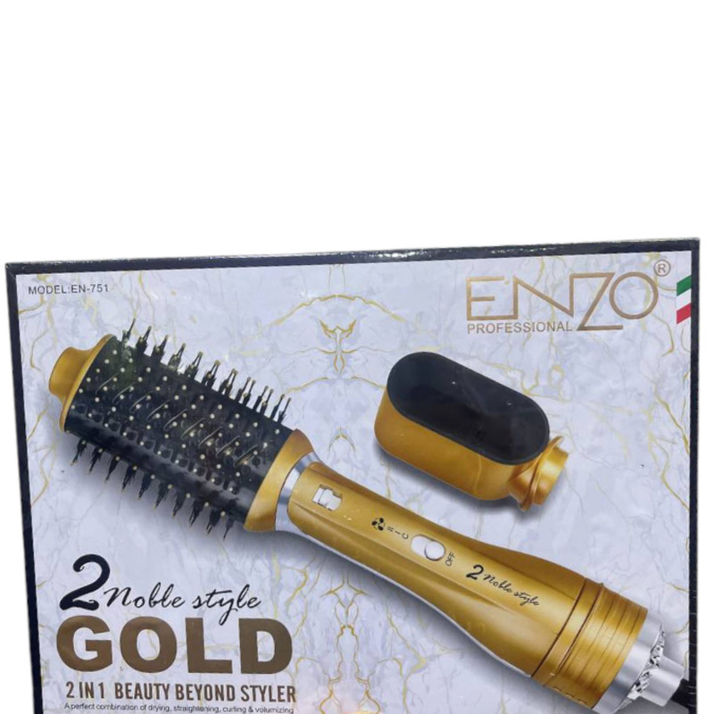 سشوار برسدار چرخشی انزو پروفیشینال مدل EN-751 با توان 1200 وات، تنظیم دما در 3 حالت، تنظیم سرعت در 2 حالت، فناوری یون سرامیکی، سری سرامیکی ضدسوختگی، همراه با سری برس گرد پهن و نازل صافکننده، مناسب استفاده حرفهای و آرایشگاهی