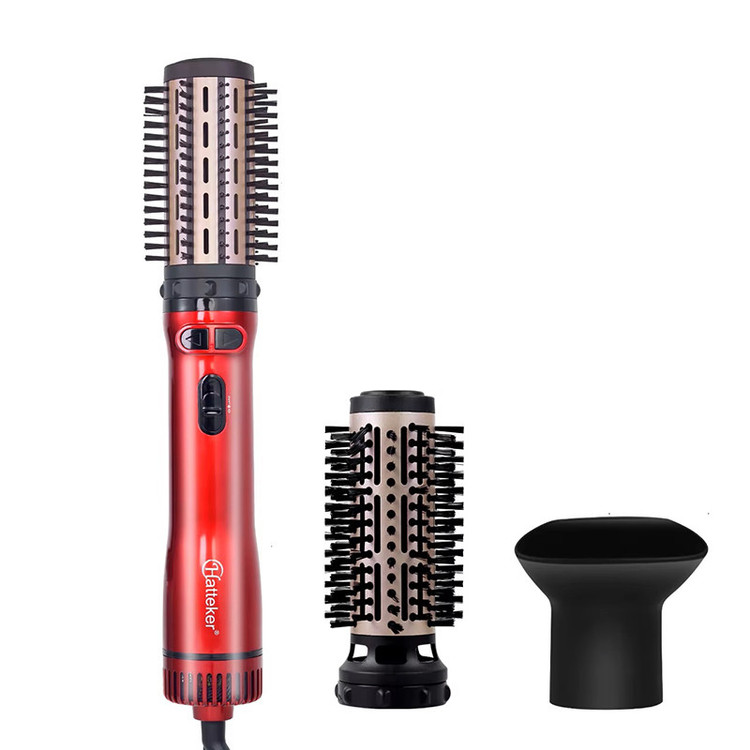 سشوار برسدار چرخشی 1000 وات هاتکر مدل HT-302، موتور AC، وزن 400 گرم، دارای سری متمرکزکننده پهن، سری برسدار گرد پهن با ویژگی فرکنندگی، با قابلیت تنظیم دما