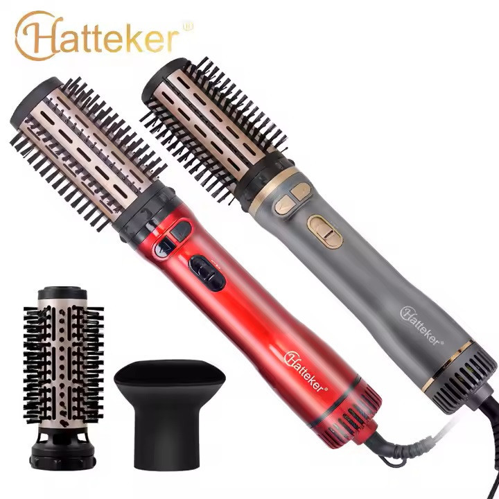 سشوار برسدار چرخشی 1000 وات هاتکر مدل HT-302، موتور AC، وزن 400 گرم، دارای سری متمرکزکننده پهن، سری برسدار گرد پهن با ویژگی فرکنندگی، با قابلیت تنظیم دما