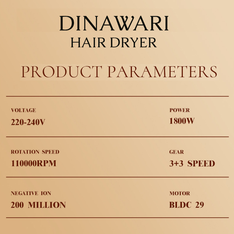 سشوار حرفهای دیناواری مدل D-398 با توان 1800 وات، موتور براشلس BLDC، فناوری تولید یون منفی، تنظیم دما و سرعت در سه حالت، دارای دو سری متمرکزکننده و برسدار، مناسب براشینگ حرفهای و خشککردن سریع