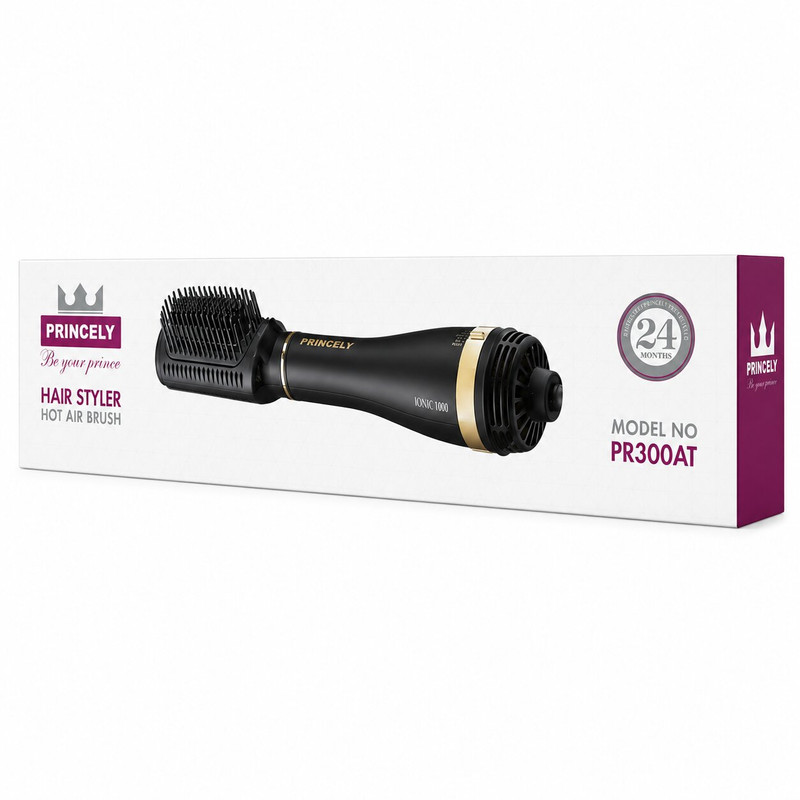سشوار برسدار حالتدهنده پرنسلی مدل PR300AT با توان 1000 وات، موتور DC، تنظیم دما یک حالته، تنظیم سرعت دو حالته، سری شانهدار صافکننده، وزن 400 گرم، مناسب استفاده خانگی