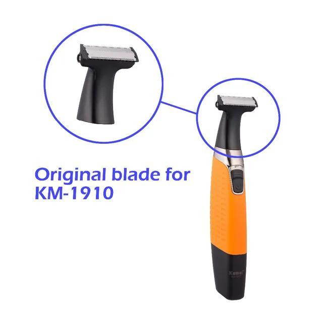 ماشین اصلاح صورت و بدن کیمی مدل KM-1910 با تیغه استیل ضد زنگ، قابلیت استفاده خشک و مرطوب، باتری قابل شارژ، طراحی ارگونومیک، 4 شانه در اندازههای مختلف و شارژ سریع 60 دقیقه