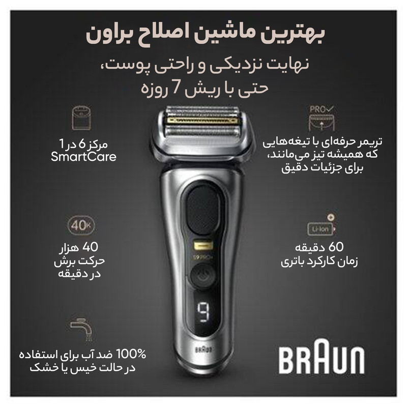 ماشین اصلاح موی صورت شارژی براون مدل +9597cc 9 Pro با تیغه تیتانیوم فویلی، قابلیت اصلاح با شماره صفر، ضد آب و قابل استفاده زیر دوش، شارژ سریع، باتری 600mAh، طراحی ارگونومیک و شانه قابل تنظیم در اندازههای 1، 2 و 3 میلیمتر