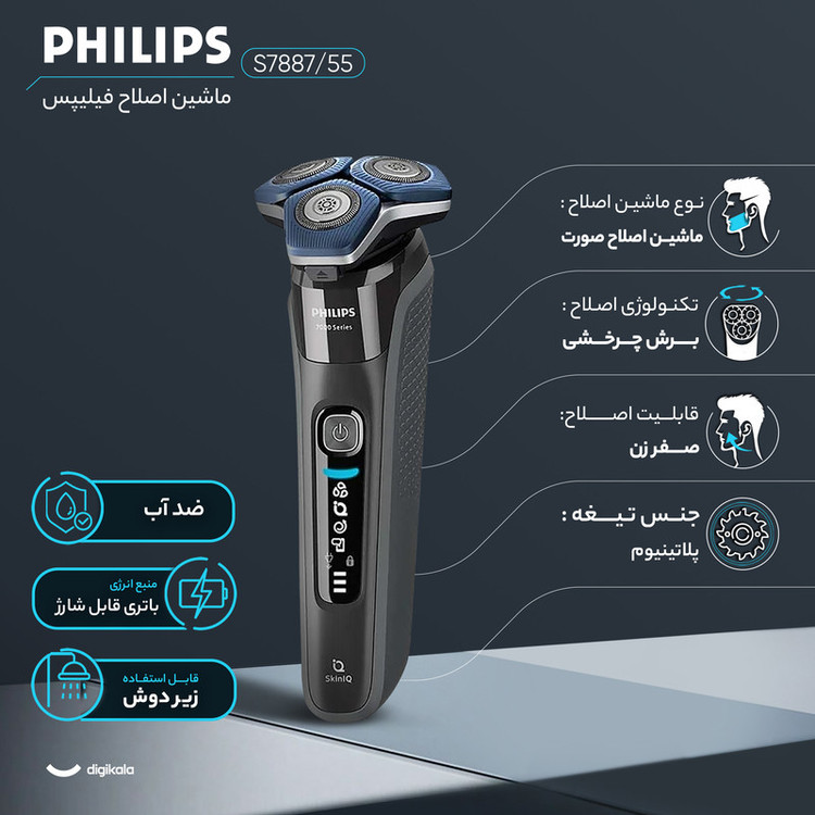ماشین اصلاح موی صورت فیلیپس مدل S7887/55 با سه تیغه پلاتینیوم، اصلاح چرخشی با شماره صفر، باتری 1500mAh، شارژ سریع 5 دقیقهای، نمایشگر دیجیتال و ضدآب مناسب استفاده زیر دوش