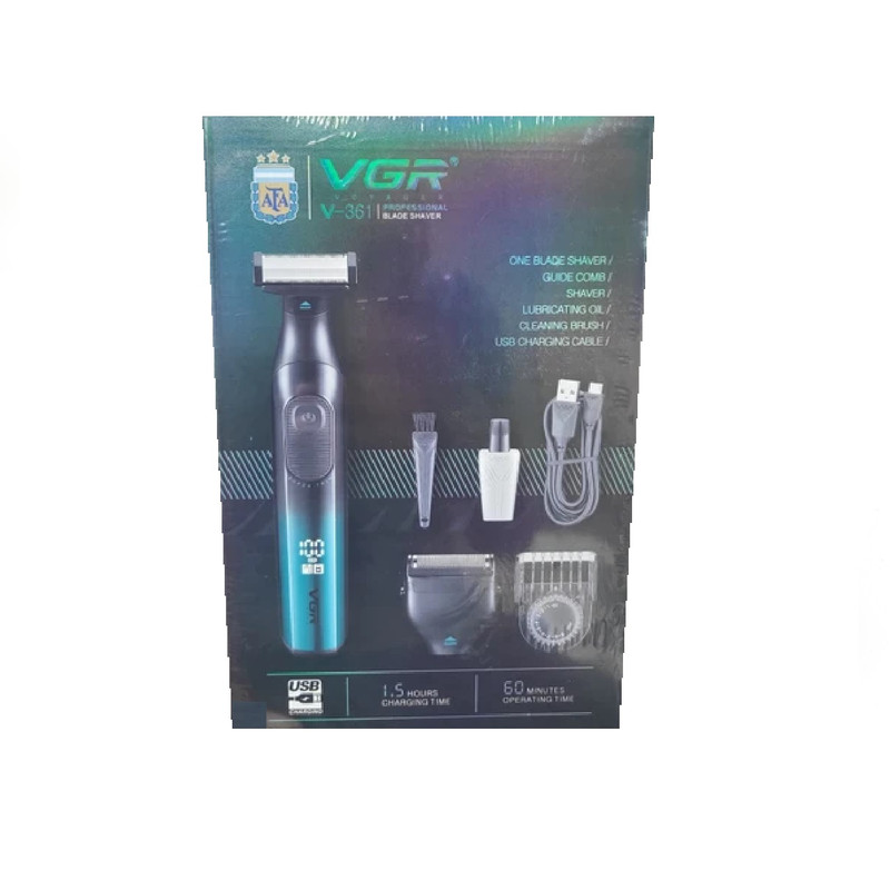 ماشین اصلاح موی صورت و بدن وی جی ار مدل V-361 با تیغه استیل ضد زنگ، اصلاح فویلی، صفر زن، باتری قابل شارژ، طراحی ارگونومیک و مقاوم در برابر آب