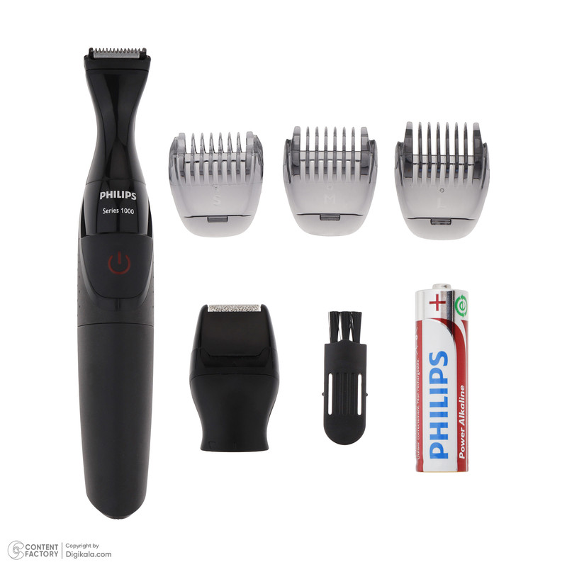 ماشین اصلاح موی صورت و بدن فیلیپس مدل MG1100، اصلاح به صورت تریمر، منبع انرژی باتری AA، تکنولوژی اصلاح به صورت برش مستقیم، به همراه برس تمیز کننده، سه عدد شانه و دو عدد سری، ضد آب و قابل شستشو، جنس تیغه از استیل ضد زنگ