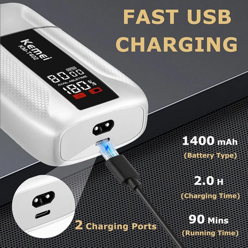 ماشین اصلاح موی صورت فویلی شارژی کیمی مدل KM-T402 با تیغههای دو لایه استیل ضد زنگ، تنظیم سرعت سه حالته، نمایشگر LED، باتری 1400 میلیآمپر ساعت، ضد آب IPX7، بدنه فلزی، اصلاح خشک و مرطوب
