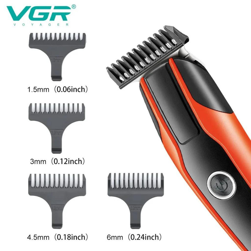 ماشین اصلاح موی سر و صورت وی جی آر مدل V-999 با تیغه استیل پیشرفته، اصلاح دقیق 0.01 میلیمتر، استفاده خشک و مرطوب، باتری شارژی 90 دقیقه کارکرد و 4 شانه تنظیم طول