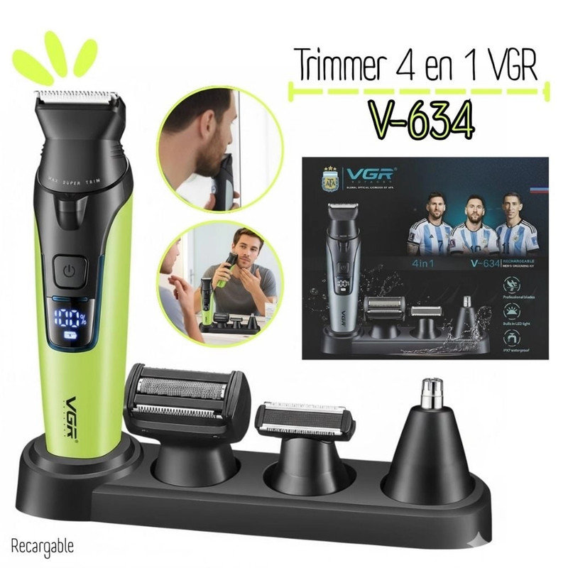 ماشین اصلاح موی صورت و بدن شارژی وی جی ار مدل V-634 با تیغه استیل ضد زنگ، طراحی ارگونومیک، مقاوم در برابر آب IPX7، باتری 650 میلیآمپر ساعت، زمان کارکرد 90 دقیقه، چراغ LED داخلی و 6 شانه راهنما، بسته 4 عددی