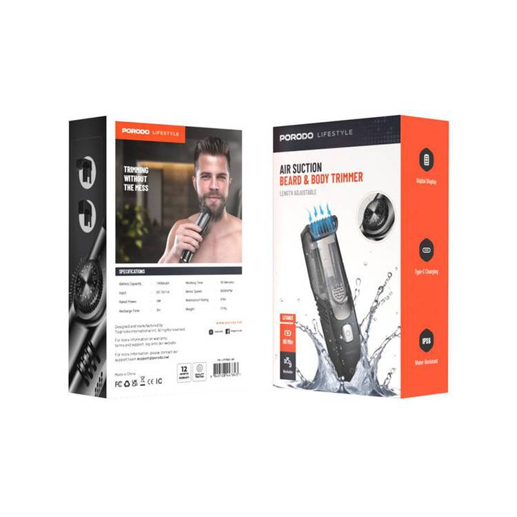 ماشین اصلاح موی صورت و بدن پرودو مدل PD-LFST063-BK با موتور 8000 دور در دقیقه، باتری 1400 میلیآمپر، شارژ سریع Type-C، نمایشگر دیجیتال، تیغه استیل ضدزنگ، ضدآب با درجه IPX6 و قابلیت تنظیم سرعت