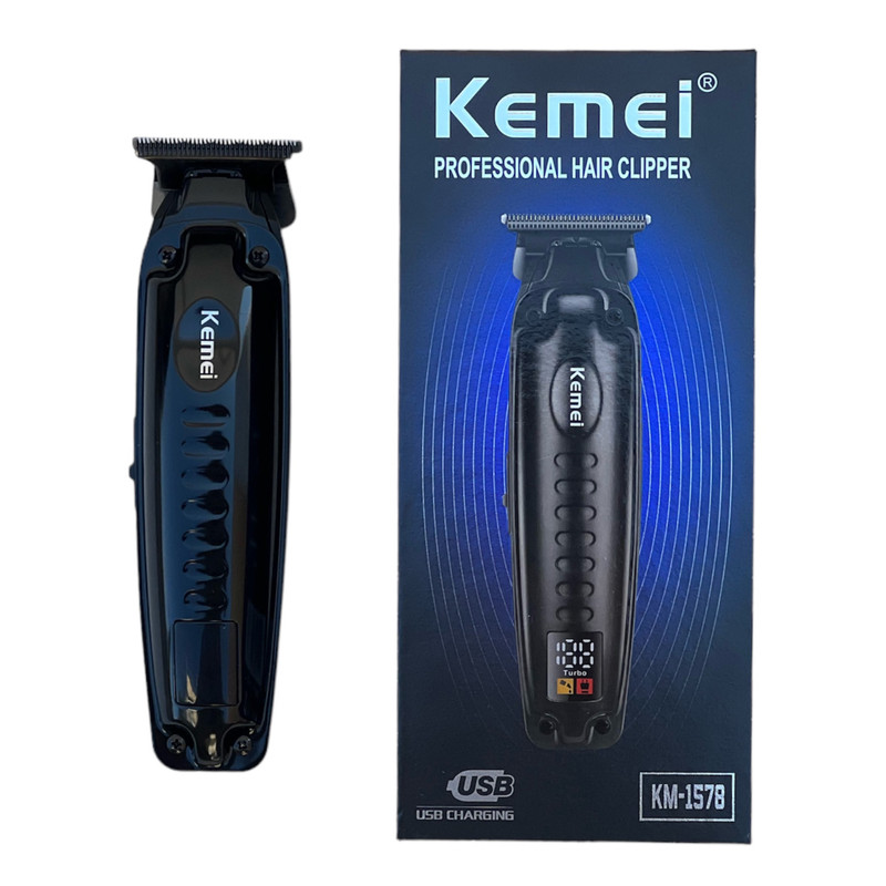 ماشین اصلاح موی صورت کیمی مدل KM-1578 با تیغه کربن استیل خودتیز شونده، قابلیت تنظیم سرعت، شانه قابل تنظیم، باتری 800 میلیآمپر، شارژ با کابل USB، نمایشگر LED و تکنولوژی برش مستقیم