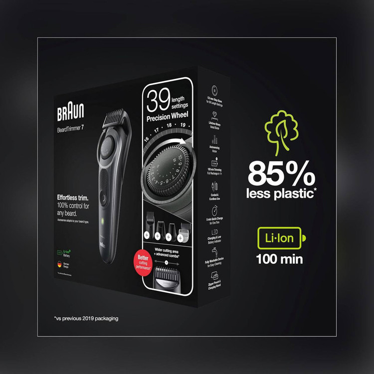ماشین اصلاح صورت و بدن شارژی براون مدل BT7350 ضدآب با فناوری AutoSense، تیغههای خودتیزشونده استیل ضدزنگ، باتری لیتیومیون با 100 دقیقه کارکرد، شارژ سریع و تنظیم اصلاح با 39 شماره نیممیلیمتری
