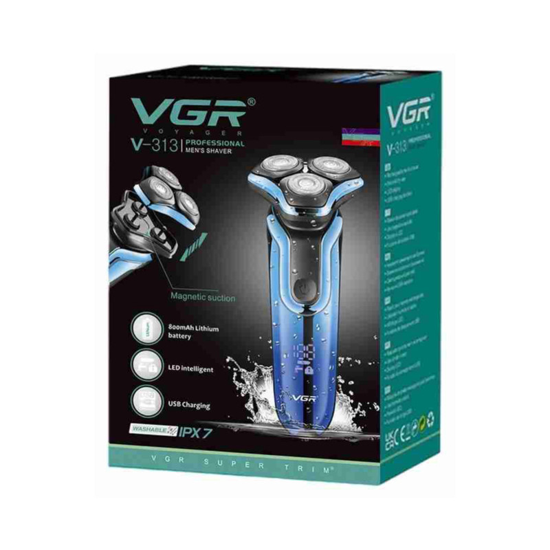 ماشین اصلاح موی صورت شارژی وی جی ار مدل V-313 با تیغه استیل ضد زنگ، قابلیت اصلاح با شماره صفر، مقاوم در برابر آب با فناوری IPX7، نمایشگر میزان شارژ، باتری لیتیوم یون با ظرفیت 800 میلیآمپر ساعت و مدت زمان استفاده 70 دقیقه
