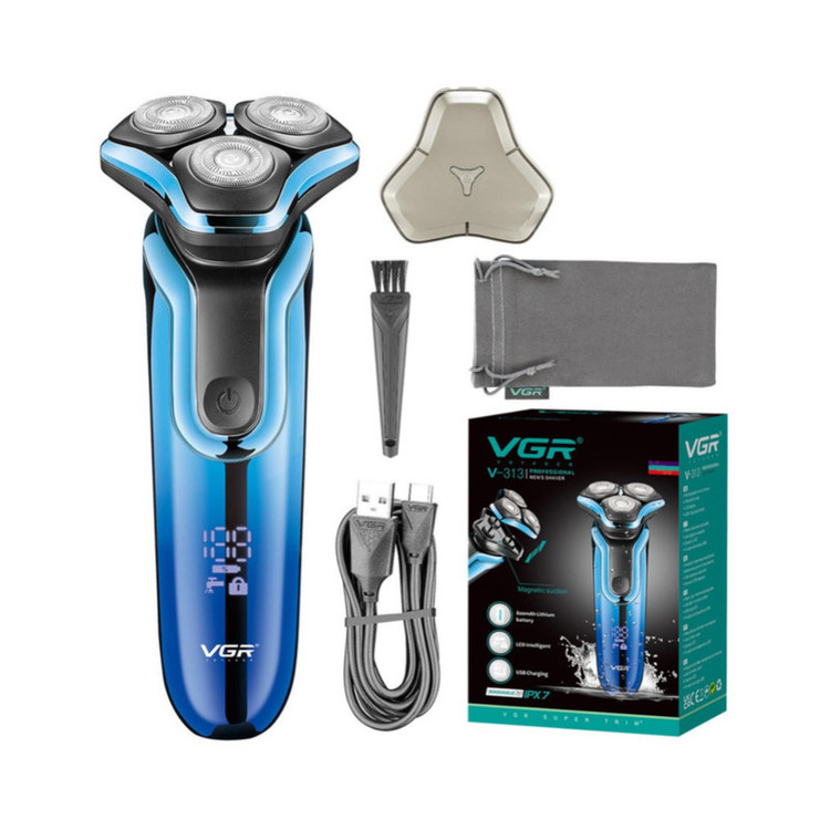 ماشین اصلاح موی صورت شارژی وی جی ار مدل V-313 با تیغه استیل ضد زنگ، قابلیت اصلاح با شماره صفر، مقاوم در برابر آب با فناوری IPX7، نمایشگر میزان شارژ، باتری لیتیوم یون با ظرفیت 800 میلیآمپر ساعت و مدت زمان استفاده 70 دقیقه