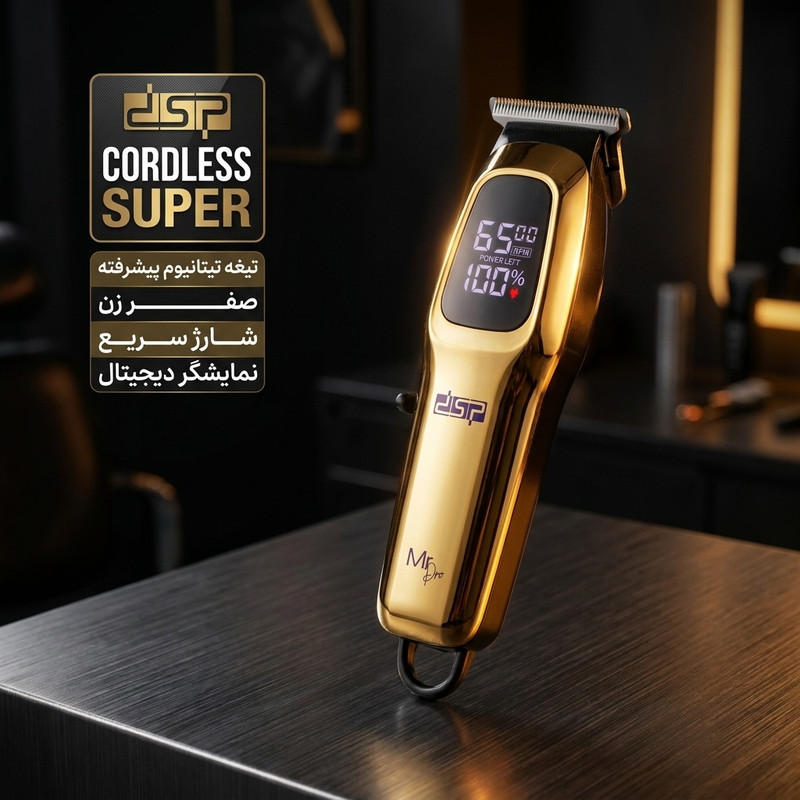 ماشین اصلاح موی صورت و بدن دی اس پی مدل CORDLESS SUPER، صفر زن، تیغه تیتانیوم پیشرفته، اصلاح به صورت تریم، باتری قابل شارژ با شارژ سریع، همراه با 3 شانه، کابل شارژ USB، برس تمیزکننده و روغن