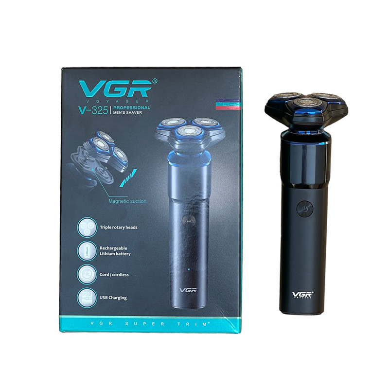 ماشین اصلاح موی صورت وی جی ار مدل V-325 با تیغه کربن استیل و اصلاح فویلی، قابلیت اصلاح با شماره صفر، شارژ از طریق کابل USB، با 60 دقیقه زمان شارژ و 60 دقیقه زمان استفاده