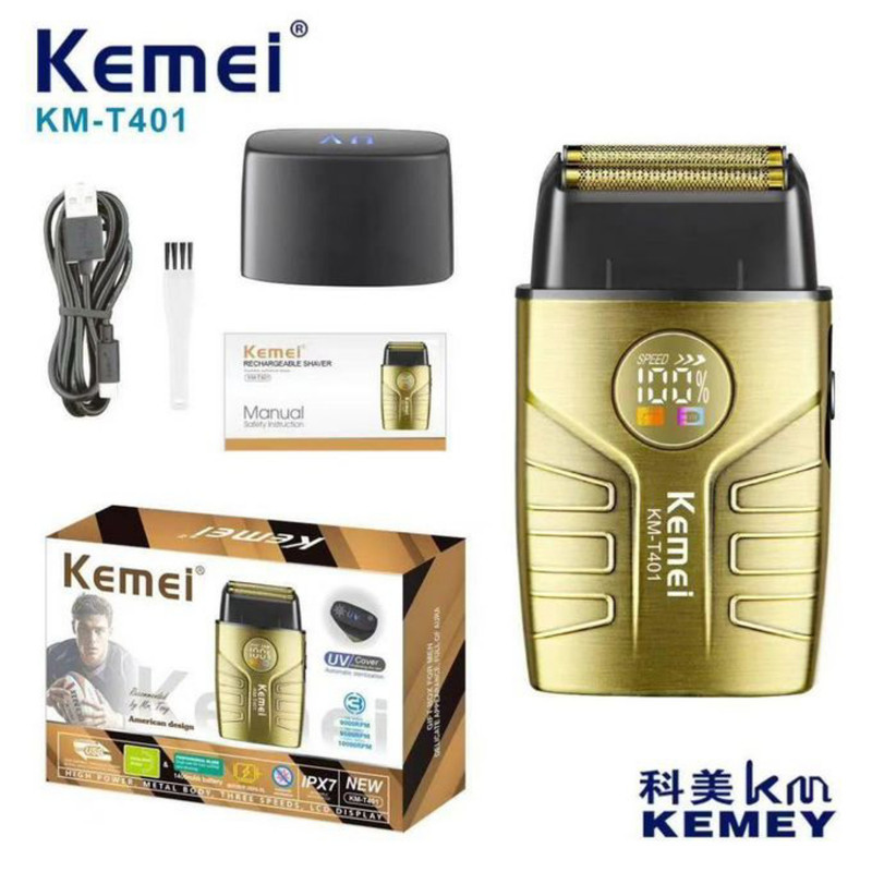ماشین اصلاح موی صورت شارژی کیمی مدل KM-T401 با تیغه استیل ضد التهاب، سیستم ضدعفونی UV، سه سرعت قابل تنظیم، باتری 1400 میلیآمپر ساعت، نمایشگر شارژ و مقاومت در برابر آب IPX7
