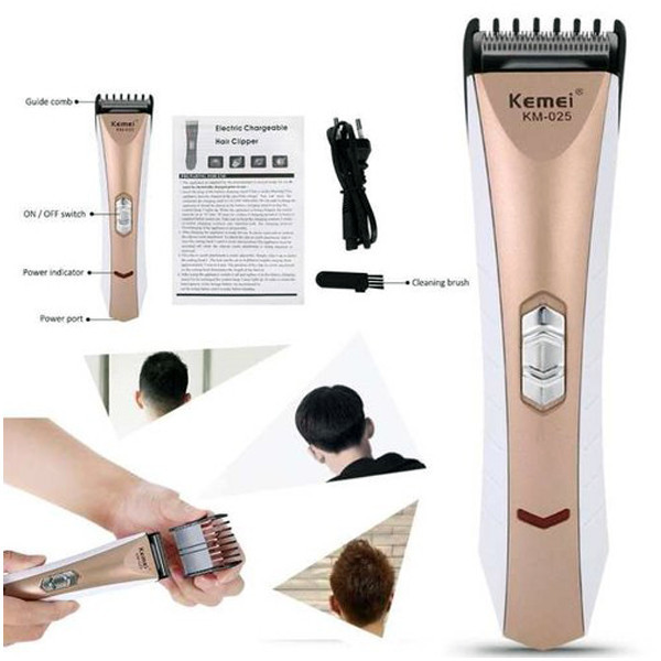 ماشین اصلاح موی سر و صورت کیمی مدل KM025 با تیغه استیل ضدزنگ، طراحی ارگونومیک، باتری قابلشارژ، مدت استفاده 30 دقیقه، اندازه اصلاح 0.8 تا 2 میلیمتر