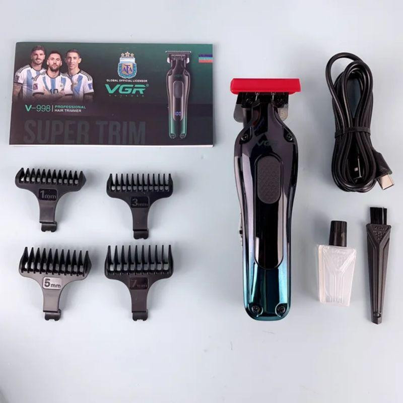 ماشین اصلاح موی سر و صورت وی جی ار مدل V-998 با تیغه تیتانیوم، استفاده خشک و مرطوب، باتری لیتیومی 1200 میلیآمپر، نمایش وضعیت باتری، طراحی ارگونومیک، به همراه 4 شانه در اندازههای 1، 3، 5 و 7 میلیمتر