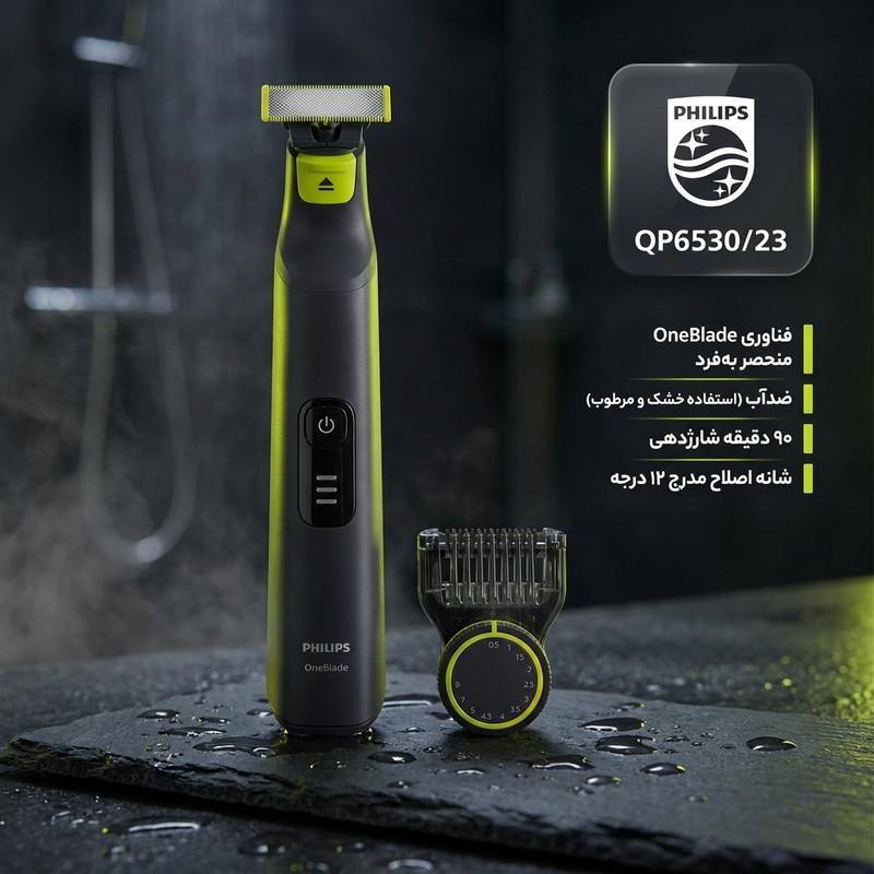 ماشین اصلاح موی صورت فیلیپس مدل QP6530/23 با تیغه استیل ضدزنگ، خط زن و صفرزن، ضدآب، استفاده خشک و مرطوب، شانه اصلاح مدرج 12 درجه (0.5 تا 9 میلیمتر)، شارژ 1 ساعته برای 90 دقیقه استفاده و طراحی ارگونومیک