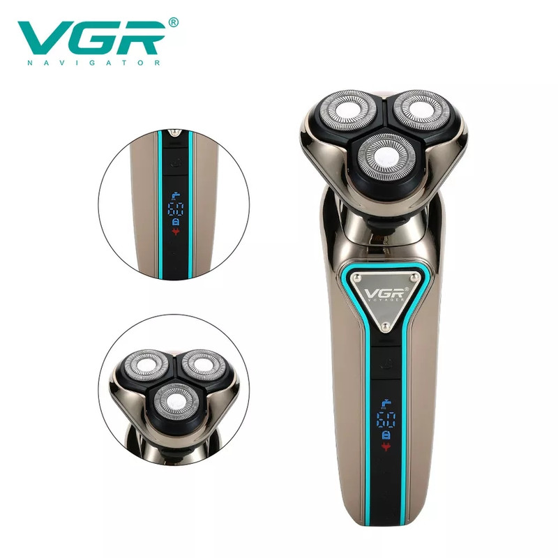 ماشین اصلاح موی صورت وی جی ار مدل V-323 با تیغه استیل پیشرفته، نحوه اصلاح چرخشی، ضدآب، باتری با مدتزمان استفاده 60 دقیقه، اندازه اصلاح 0.01 میلیمتر، همراه برس تمیزکننده و کابل شارژ USB