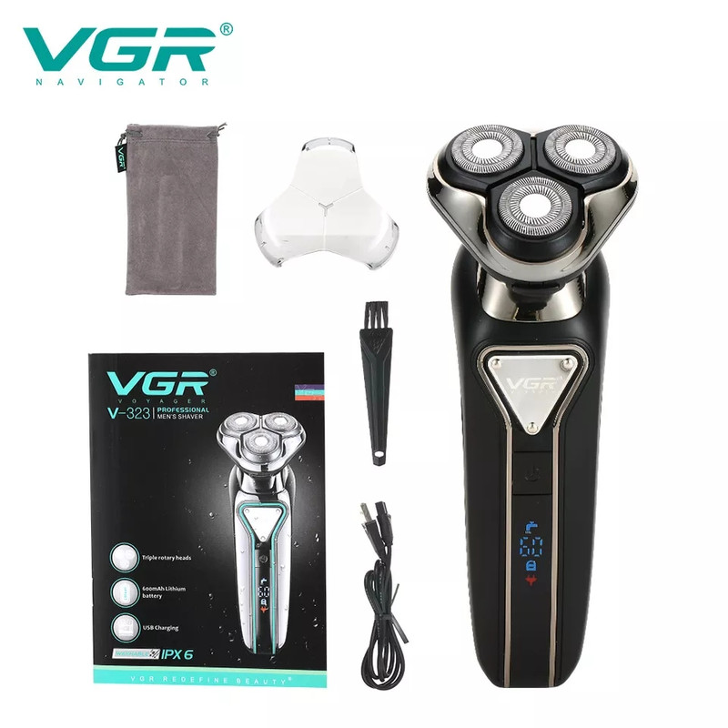 ماشین اصلاح موی صورت وی جی ار مدل V-323 با تیغه استیل پیشرفته، نحوه اصلاح چرخشی، ضدآب، باتری با مدتزمان استفاده 60 دقیقه، اندازه اصلاح 0.01 میلیمتر، همراه برس تمیزکننده و کابل شارژ USB