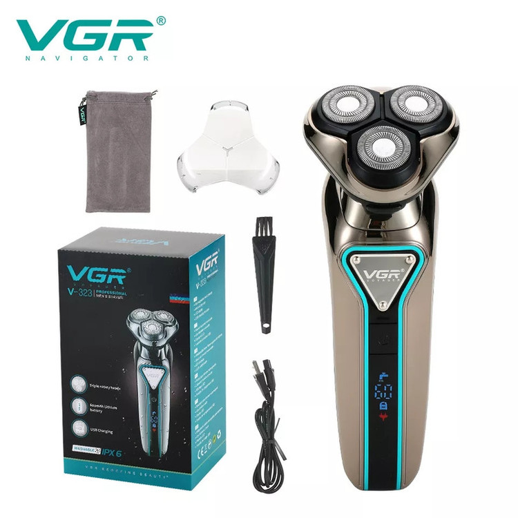 ماشین اصلاح موی صورت وی جی ار مدل V-323 با تیغه استیل پیشرفته، نحوه اصلاح چرخشی، ضدآب، باتری با مدتزمان استفاده 60 دقیقه، اندازه اصلاح 0.01 میلیمتر، همراه برس تمیزکننده و کابل شارژ USB