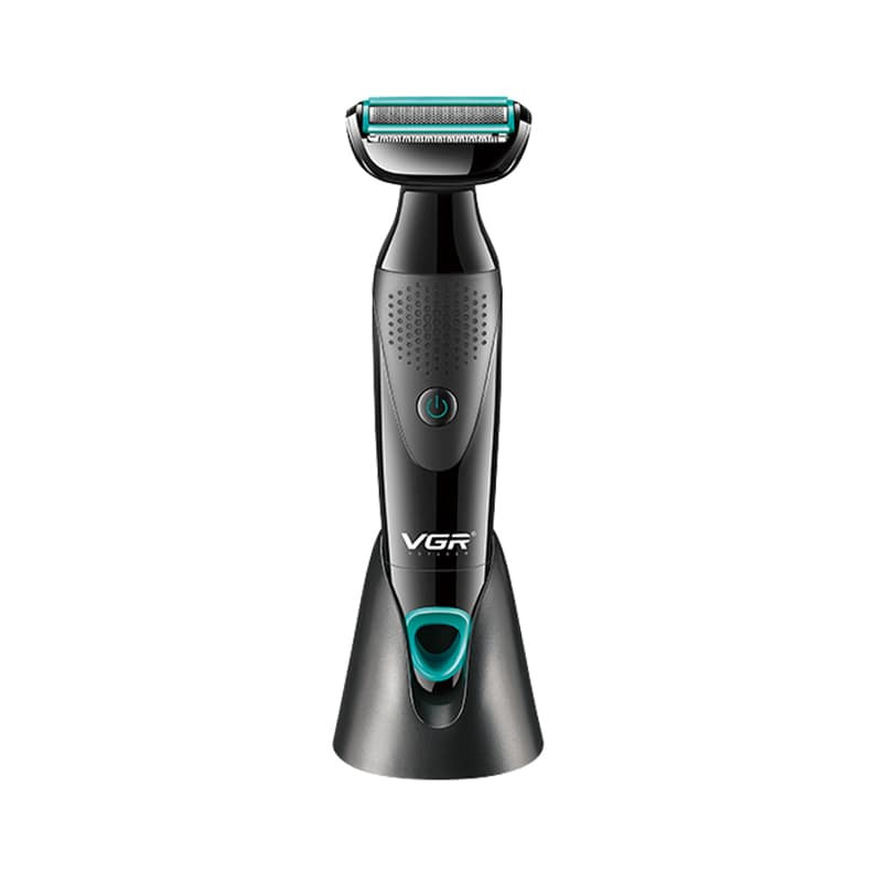 ماشین اصلاح موی صورت و بدن وی جی ار مدل V-601 با تیغه استیل ضدزنگ، قابلیت تنظیم سرعت، منبع انرژی باتری قابل شارژ، اصلاح چرخشی و خط زن، ضدآب با گواهی IPX4