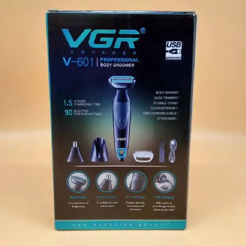 ماشین اصلاح موی صورت و بدن وی جی ار مدل V-601 با تیغه استیل ضدزنگ، قابلیت تنظیم سرعت، منبع انرژی باتری قابل شارژ، اصلاح چرخشی و خط زن، ضدآب با گواهی IPX4