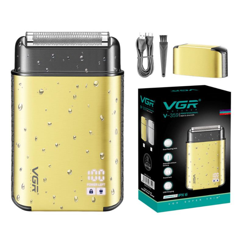 ماشین اصلاح موی صورت وی جی ار مدل V-359 با تیغه کربن استیل، صفر زن، ضدآب، استفاده بهصورت خشک و مرطوب، باتری لیتیومی 600 میلیآمپر، شارژ با کابل USB، طراحی ارگونومیک، نمایشگر شارژ و قفل مسافرتی