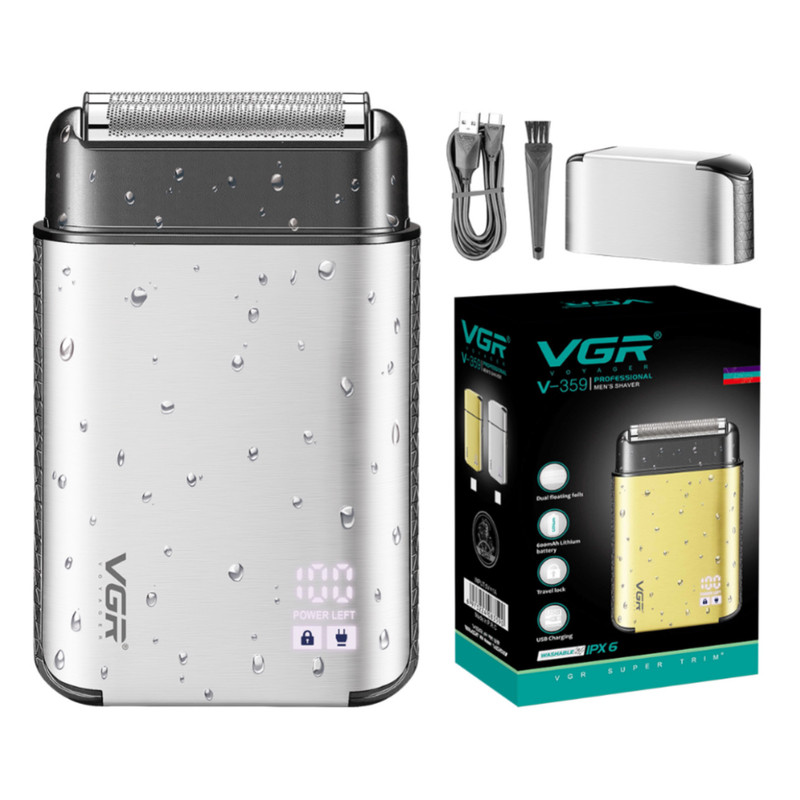 ماشین اصلاح موی صورت وی جی ار مدل V-359 با تیغه کربن استیل، صفر زن، ضدآب، استفاده بهصورت خشک و مرطوب، باتری لیتیومی 600 میلیآمپر، شارژ با کابل USB، طراحی ارگونومیک، نمایشگر شارژ و قفل مسافرتی