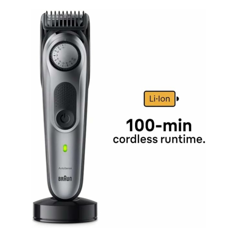 ماشین اصلاح موی سروصورت براون مدل BT7420 با تیغه استیل ضدزنگ، فناوری AutoSense، ضدآب، باتری لیتیوم یونی با 100 دقیقه زمان استفاده، تنظیم طول اصلاح در 40 حالت، همراه با شانه و کیف نگهداری