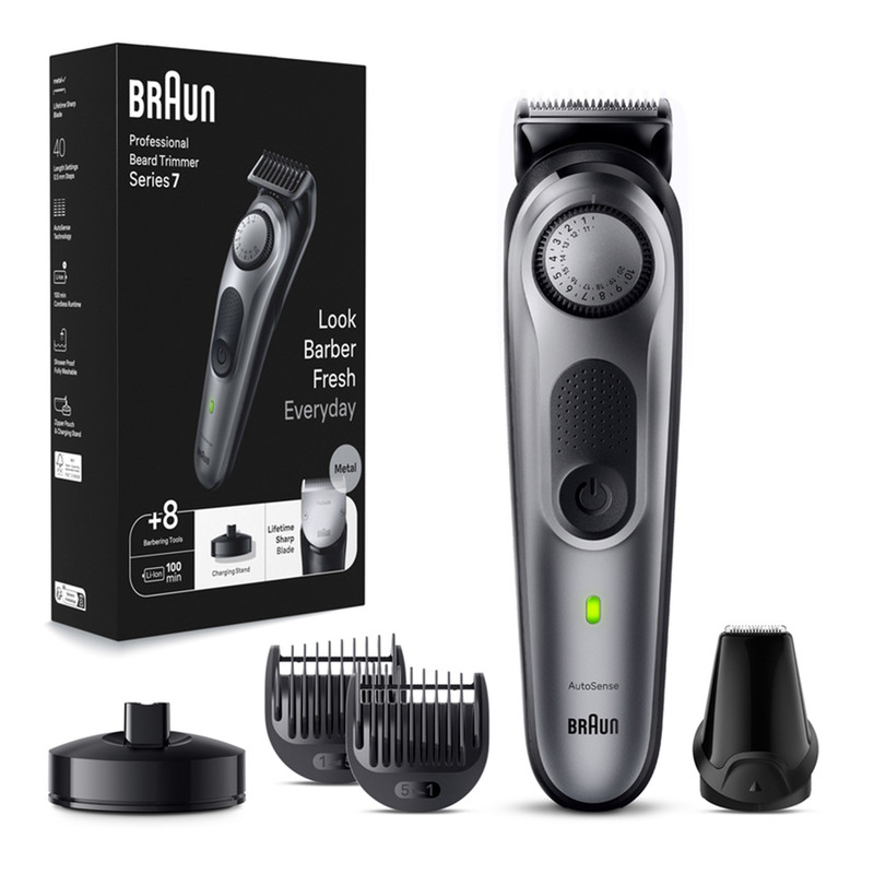 ماشین اصلاح موی سروصورت براون مدل BT7420 با تیغه استیل ضدزنگ، فناوری AutoSense، ضدآب، باتری لیتیوم یونی با 100 دقیقه زمان استفاده، تنظیم طول اصلاح در 40 حالت، همراه با شانه و کیف نگهداری